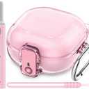 [with Safety Lock] Clear Case for Samsung Galaxy Buds FE(2023)/Buds 2 Pro(2022)/Buds 2(2021)/Buds Pro(2021)/Buds Live(2020),Accessories with Anti-Lost Keychain/Silicone Wrist Strap(Pink)