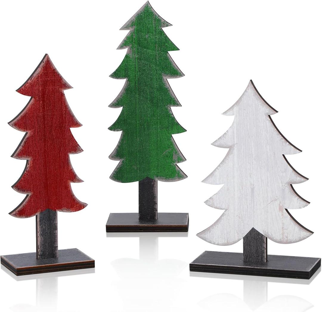 Meooeck 3 Pcs Green White Red Wood Christmas Trees Tabletop Rustic Christmas Decor Farmhouse Centerpieces Decorations for Tables with Rectangular Base for Home