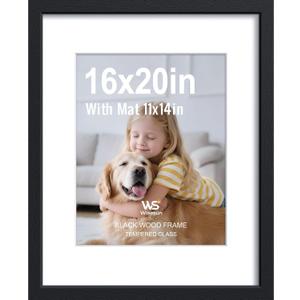 16x20 Black Picture Frame - Wood Frame with Tempered Glass, Displays 11x14 with Mat or 16 x 20 Photo, for Any Wall - Hang Horizontal or Vertical, 1 Pack