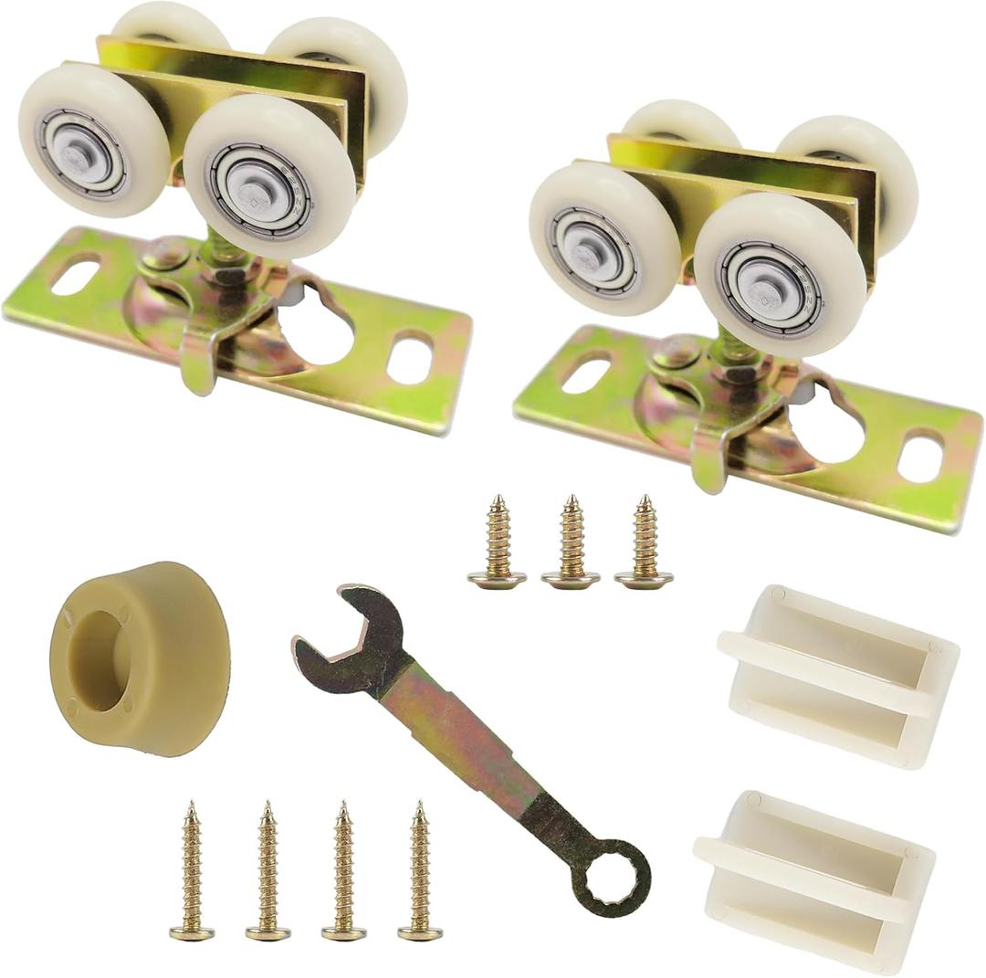 7/8" Pocket Door Ball Bearing Quad Hangers Fit 7/8" C.T.C. V Type Tracks, Upgraded N 7449 with Quick-Release, Min. 1" Thick Doors, 2 Pack