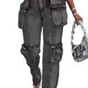 Vaceky Stretch Cargo Jeans Women Straight Leg Side Zipper Slit Y2K Denim Pants with Pockets (Small, Gray Black)