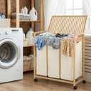 Bamboo Laundry Hamper 3 Section with Lid, 150L Laundry Sorter with Lockable Wheels, Pull-Out Removable Washable Bags, 3 12.5 Gal Divided Laundry Baskets for Laundry Room, Bathroom (Beige)