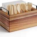Wooden Silverware Caddy Organizer, Acacia Wooden Silverware Holder, Utensil Holder for Party, Utensil Organizer for Countertop, Wood Color (Small)