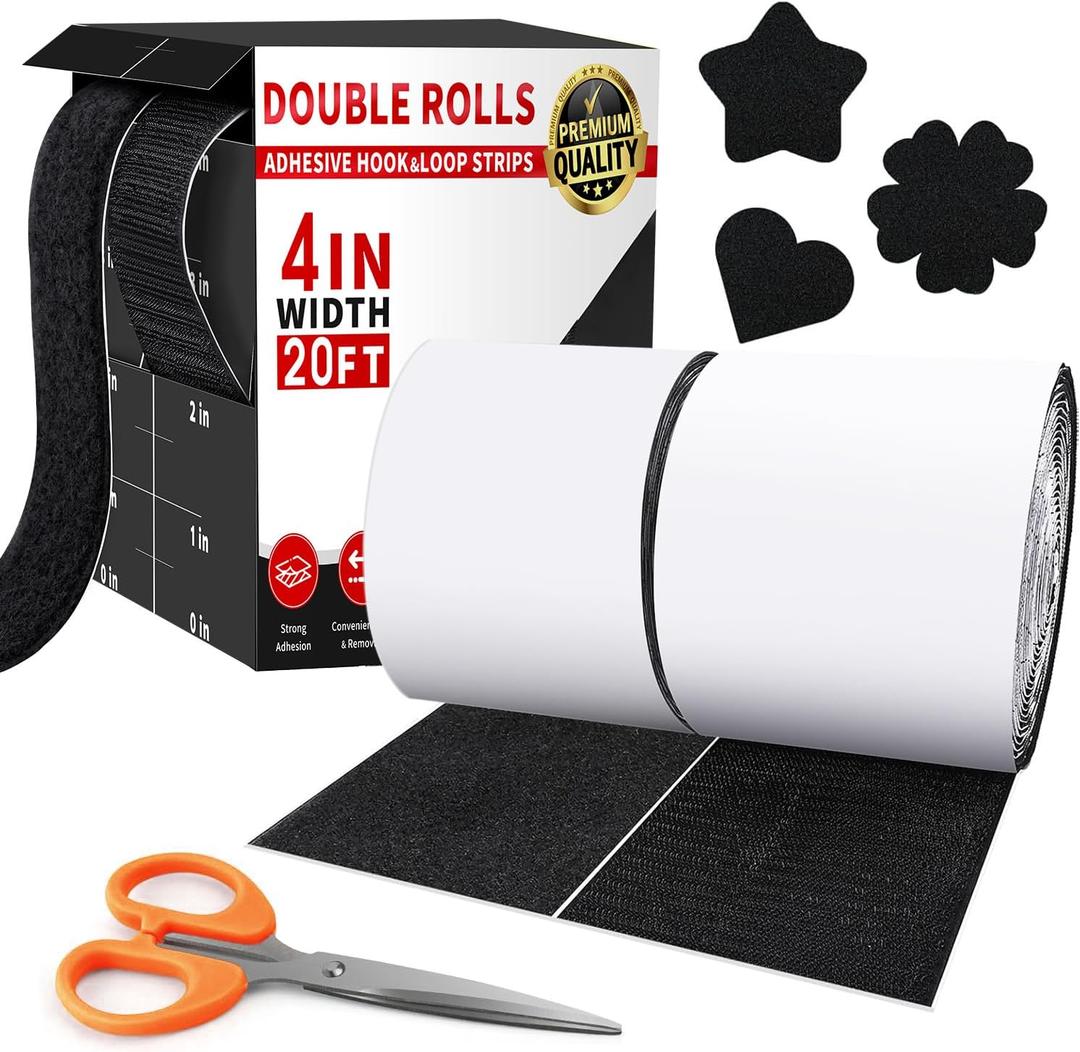 4 Inch x 20Feet Hook and Loop Strips with Adhesive,Keep Couch Cushions from Sliding, Picture Wall Hanging, No Punching Wall Mounting, Keep Your Carpet Rugs in Place (Black)