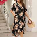 Keluummi Plus Size Summer Wedding Guest Maxi Dress for Curvy Women, V Neck 3/4 Sleeve Empire Waist A Line Floral Long Dress (Black, L)