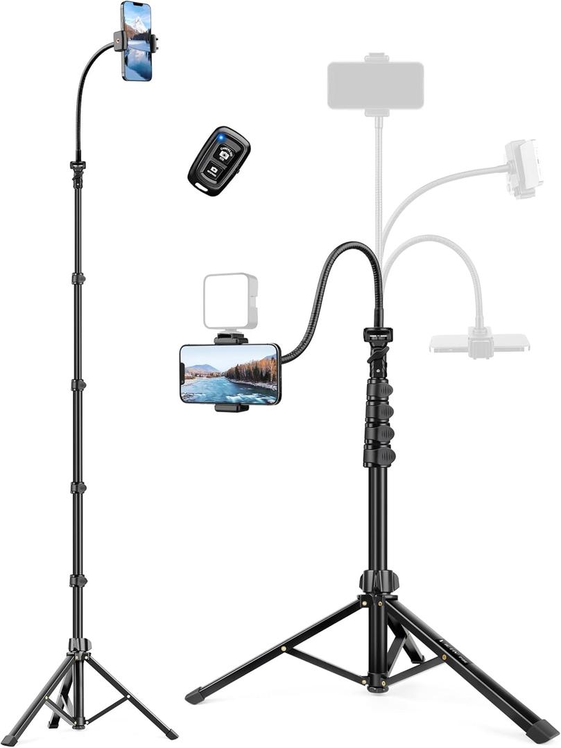 Phone Tripod Stand, 85" Tall Cellphone Tripod for iPhone with Gooseneck Remote, Flexible Portable Phone Stand for Recording, Compatible with iPhone 14 13 12 pro Android Camera (Black)
