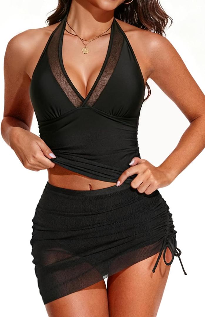 Tankini Bathing Suit for Women - Two Piece Swimsuit with Skirt Tummy Control Swimwear Halter Mesh Swim Dress 2025 (XX-Large, Black)