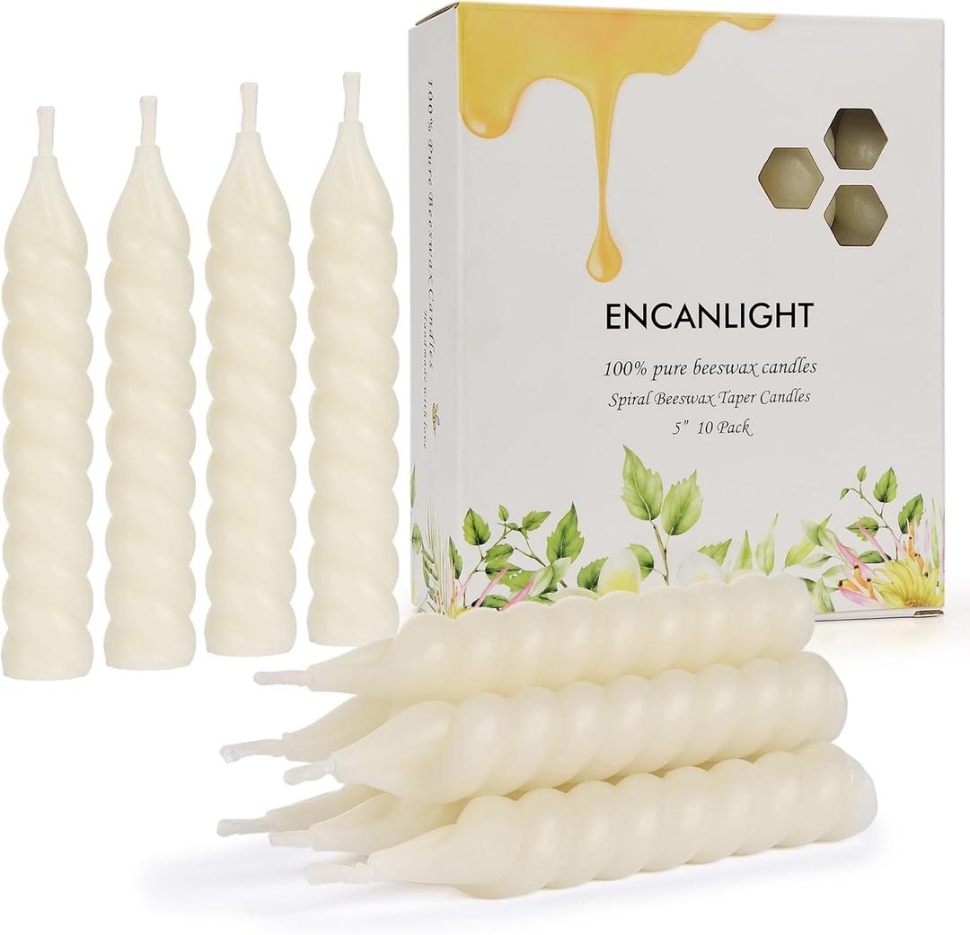 Beeswax Taper Candles, 5 Inch Spiral Tapered Candles 10 Pack, 0.78" Diameter Ivory Natural Bees Wax Candlesticks, 4.5 Hours Long Lasting - Smokeless and Unscented for Home Decoration, Wedding, Party