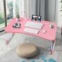 Slendor Lap Desk with Cup Holder, Foldable Laptop Table for Bed, Portable Bed Desk for Laptop and Writing, Computer Tray with Tablet Slot, Notebook Stand Reading Holder for Couch Sofa Floor,Pink