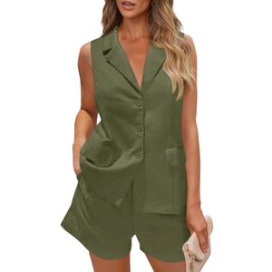 PRETTYGARDEN Women Summer 2 Piece Outfits 2025 Casual Lapel V Neck Button Down Vest Shorts Set Business Work Blazer Sets (Small, Army Green)
