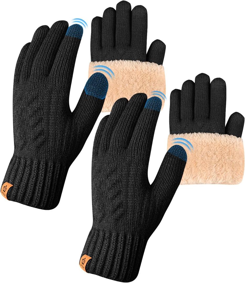 ARFNKIM Thermal Winter Gloves-Fleece Lining Touch Screen Knit Stretchy Warm Gloves for Running Cycling Riding- Men Women (2*black)