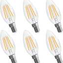 Candelabra Light Bulbs, 6W Equivalent to 60 watt, E12 LED Bulb Non-Dimmable 2700K Soft White, LED Chandelier Bulb, B10 Candle Bulbs, 90+CRI, 600LM, Cear Glass, 6 Pack