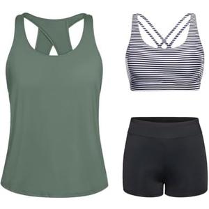 Tempt Me 3 Piece Tankini Swimsuits for Women Athletic Bathing Suits Swim Tank Top with Boy Shorts and Bra Modest Swimwear Size XL