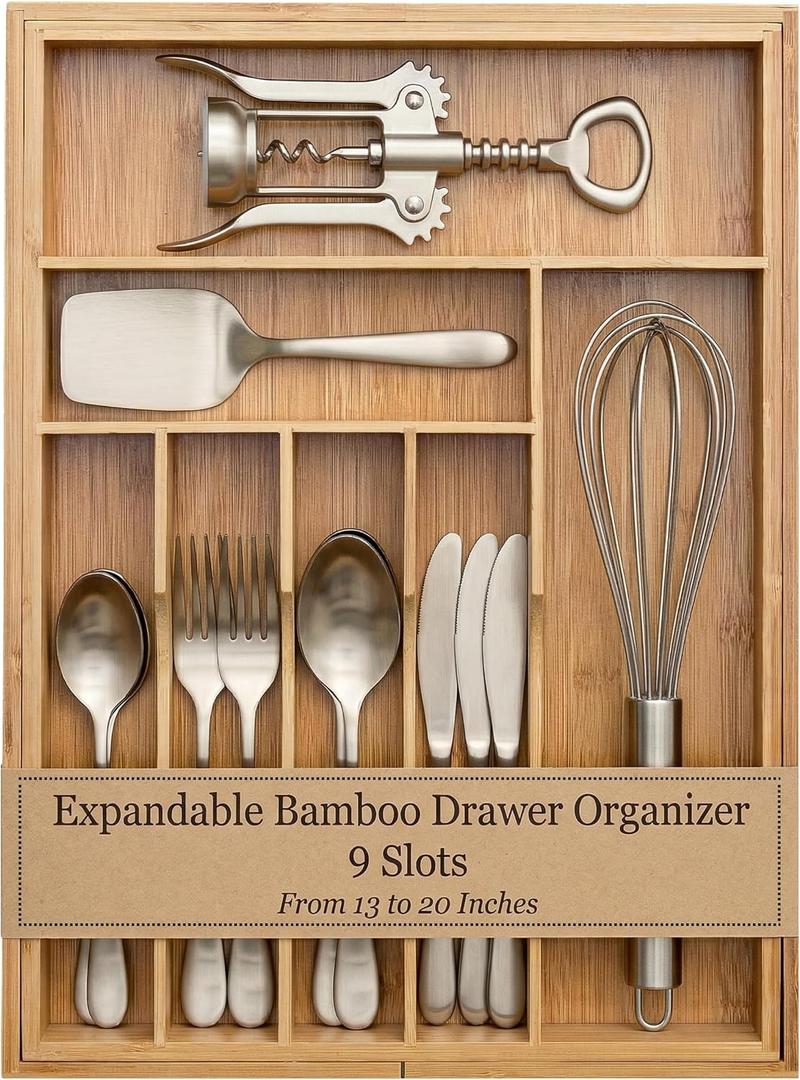 Liviys Cutlery Drawer Organizer for Kitchen Utensils, 13-20 Inches Expandable Bamboo Utensil Tray, Large Wooden Silverware Organizer Insert for Kitchen Drawers