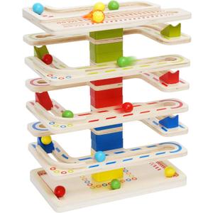 Wooden Marbles Run Ball Drop Toys 8-Tier Rolling Tower Toys with 16 Balls Ramp Whirling Game Ball Tower Educational Learning Toys for Gifts 3 4 5 6 7 8 Years Toddler Boys Girls