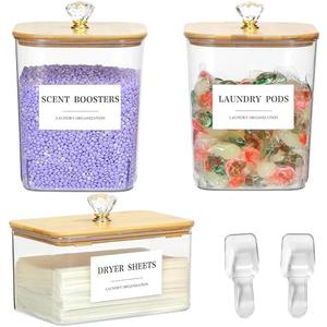 Dounozzi 3 Pack Plastic Laundry Pods Container & Dryer Sheet Holder with Lids, Labels & Scoops - Laundry Powder Container for Laundry Room Organization and Storage