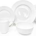 Dinnerware, 16 Piece Set Bone China, Service for 4, White Embossed stripe Dishes, Microwave Safe, Chip Resistant, Dishware, For Formal Casual and Everyday Living, Plates and Bowls Set