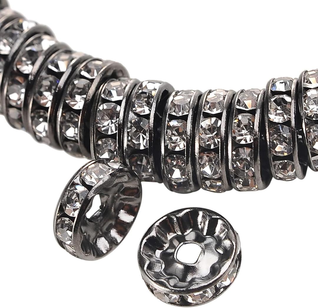 Weebee 100Pcs Rondelle Spacer Beads Crystal Charms Silver Plated Czech Rhinestone Loose Beads for Jewelry Making DIY Bracelets (Gun Metal, 10mm)