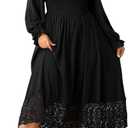 Women's Plus Size Maxi Dress Long Sleeve Square Neck Smocked Flowy A-Line Lace Trim Wedding Guest Dresses, 2XL