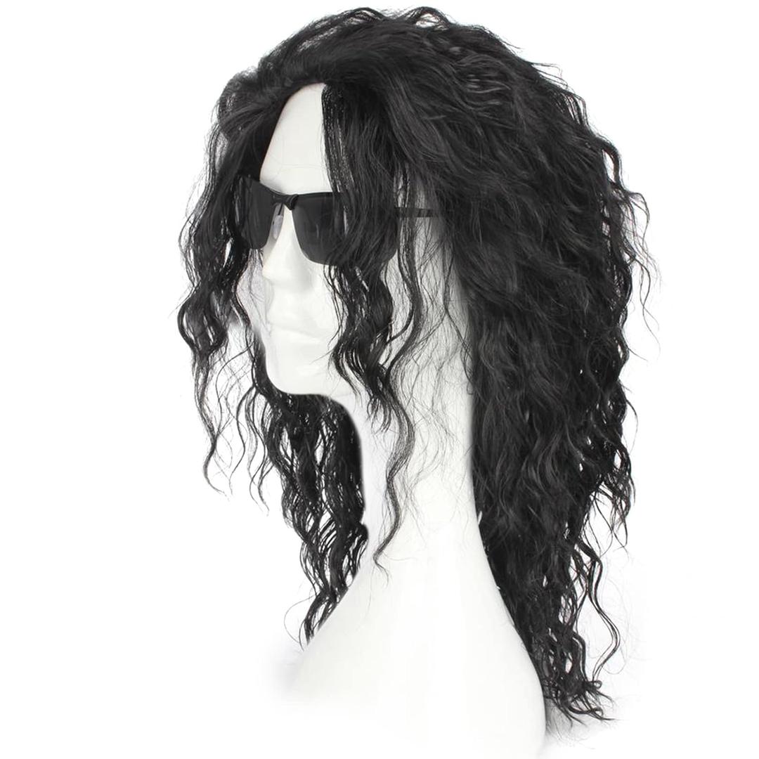 Black Mens Wig 70s 80s Costume Wig Long Curly Mullet Hair Metal Rocker Punk Halloween Party Heat Resistant Wig for Men and Women