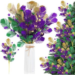 6 Pcs Mardi Gras Decorations Tables Centerpieces Purple Gold Green Picks and Sprays 15.8 Inch Artificial Feather Ornaments for Carnival Tree Topper Vase Home Decor DIY Crafts