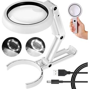 30X 10X Magnifying Glass with Light and Stand, Foldable Handheld Magnifying Glass & 2 Level Dimmable for Macular Degeneration, Seniors Reading, Close Work, Coins, Jewelry, Powered by Battery or USB