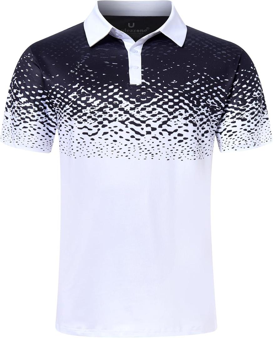 uideazone Mens Golf Shirt Dry Fit Athletic Polo Shirts Moisture Wicking Performance 3D Print Short Sleeve (3X-Large, Black White)