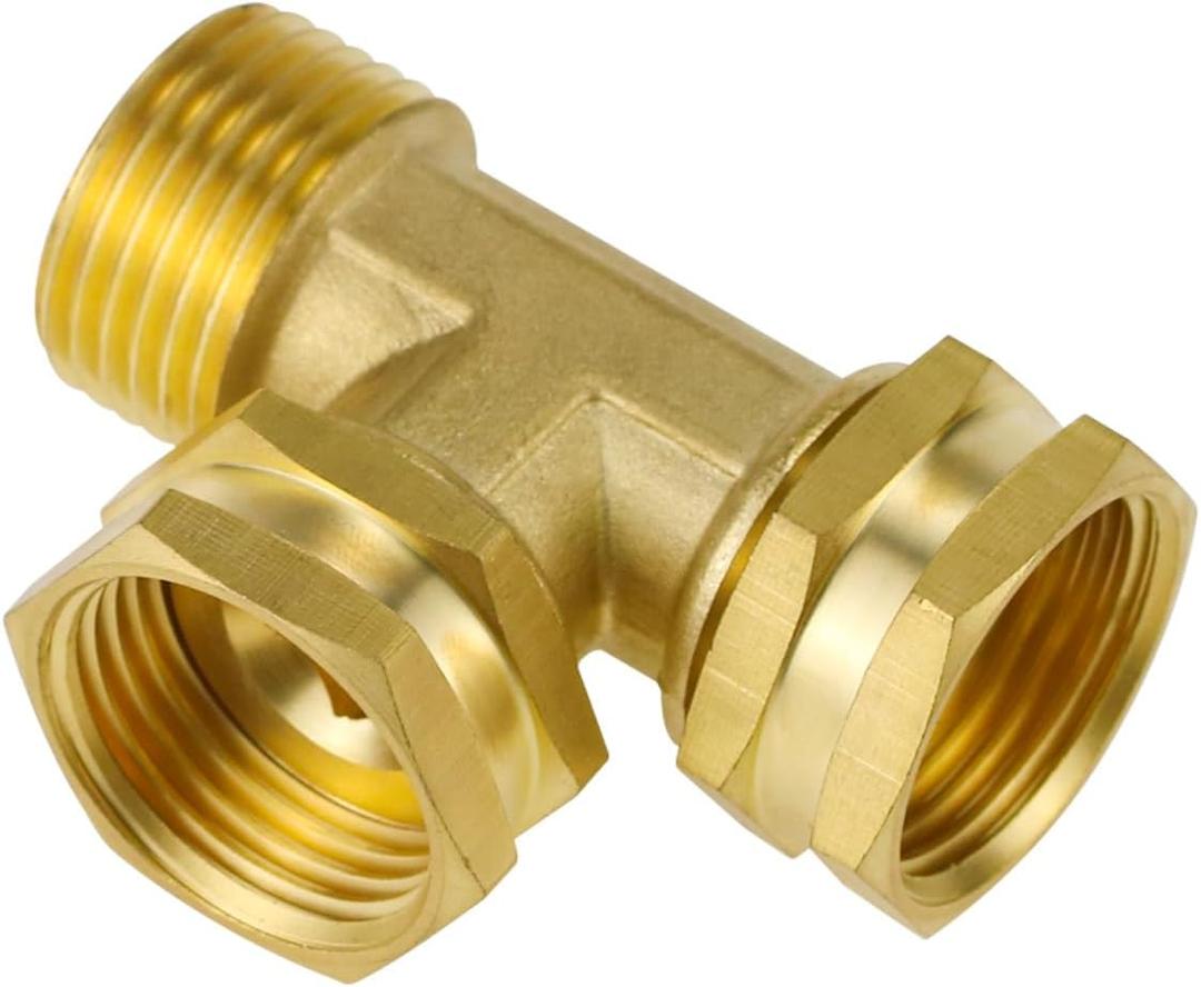 Garden Hose Tee Adapter GHT 3/4 Brass Female x Female x Male Swivel Water Pipe Connector, Heavy Duty 3 Way Splitter T Shaped Fitting for Outdoor Faucet/Bibs, Drip Irrigation Line