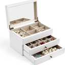 Meangood Jewelry Box Organizer for Women, 3 Layer Large Jewelry Storage Case, Rustic Wooden Jewelry Box with Mirror & Ring Tray for Necklace Earring Bracelets Rings, Vintage Style (White)