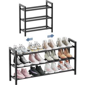 Mavivegue Expandable Shoe Rack for Closet, 3-Tier Shoe Organizer, Adjustable Shoe Rack for Front Door Entrance, Entryway (Black)