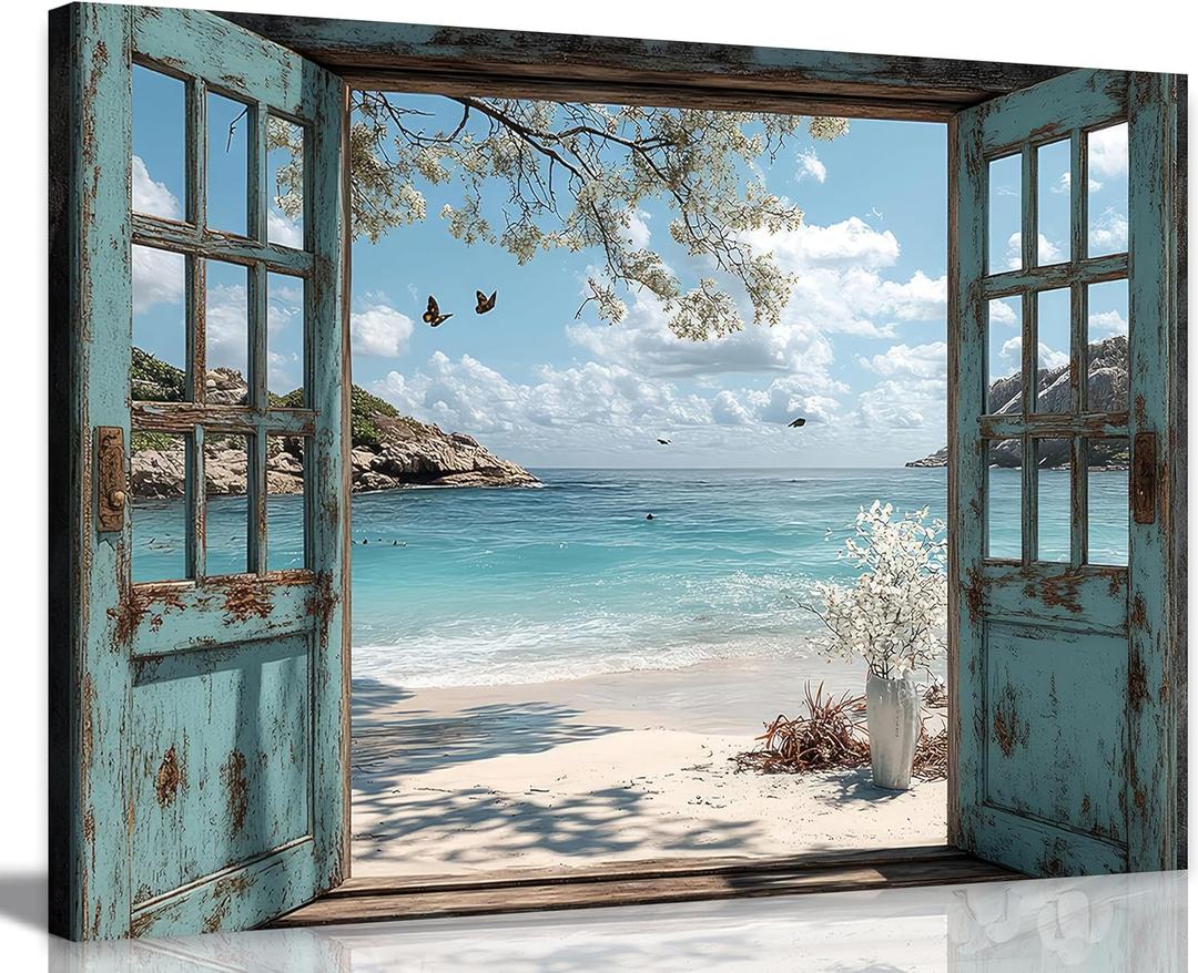Window Beach canvas Wall Art Blue Coastal Ocean Windows Sea View Paintings Pictures Wall Decor Fake Window Frame Seascape Style Poster Printing Artwork for Living Room Bathroom Home Decoration, 24"L x 16"W