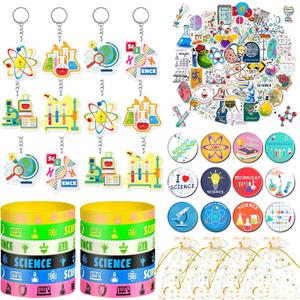 Tazimi 98 PCS Science Party Favors Scientist Chemistry Theme Birthday Party Supplies with Science Keychains Stickers Rubber Bracelets Button Pins and Bags for Science Theme Party