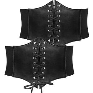 JASGOOD 2 Pack Womens Elastic Costume Waist Belt Lace-up Tied Waspie Corset Belts for Women Corset Belt (Fit Waist Size 30"-33", Black+black)