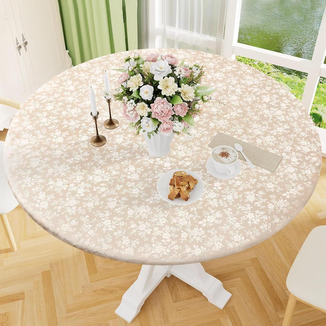 Smiry Round Picnic Tablecloth, Elastic Waterproof Fitted Heavy Duty Vinyl Tablecloths for 45"-56" Tables, Wipeable Washable Table Cover for Kitchen, Dining, Camping, Outdoor, Beige