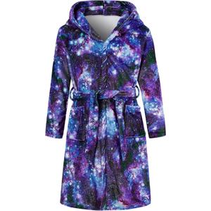 Funnycokid Boys Space Robes Kids Galaxy Bathrobe Hooded Fleece Pajamas Size 10 12 Flannel Sleepwear 10-12 Years