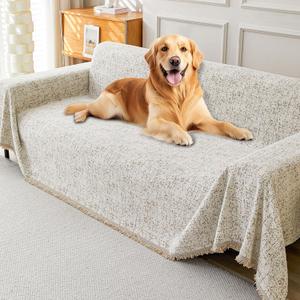 Boho Anti-Slip Couch Cover Soft Pet-Friendly Sofa Cover for Dog Chenille Multi-use Furniture Protector Cover Washable (Yuqing-Khaki, 91"*134")