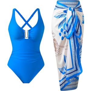 One Piece Swimsuit Women with Cover Up Set Retro Bathing Suit for Women Tummy Control Beach Wrap Skirt (X-Large, Blue)