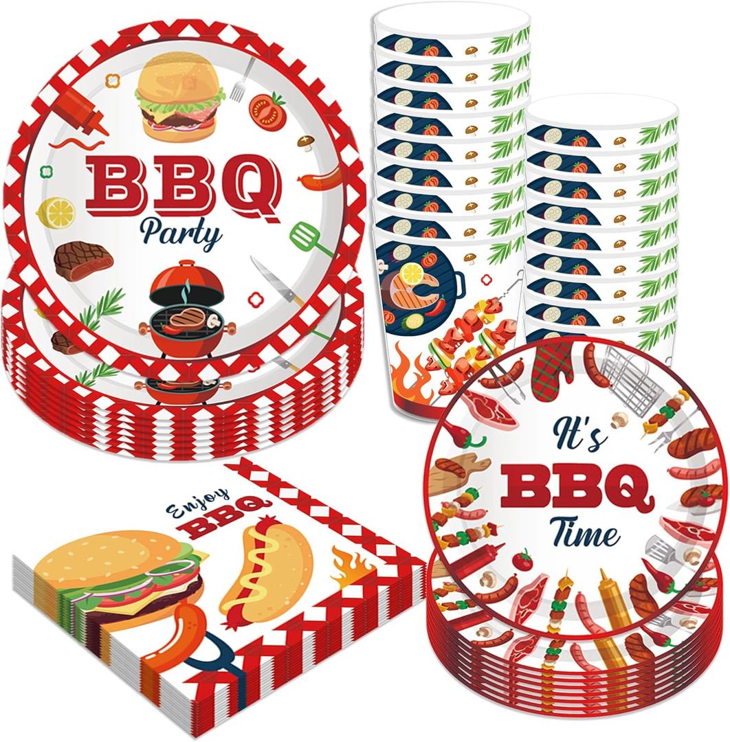 Adirasenotek BBQ Party Decorations BBQ Plates Napkins Cups,Disposable Paper Picnic supplies for Birthday, Baby Shower, Wedding, Barbecue Burgers and Grilled Meat Pattern, All Seasons