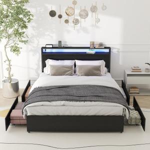 Full Bed Frame with 4 Storage Drawers, Full Size Bed Frame with Headboard, LED, Charging Station with USB Ports & AC Outlets, Sturdy Metal Slat Support, No Noise, Black