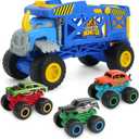 Monster Trucks Hauler Rhino with 3 Mini Trucks & Super Ramp Launch, Gift for Kids Ages 3+ Years (Blue)
