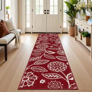2x8 Washable Christmas Runner Rug with Non Slip Backing, Absorbent & Dirt-Trapping, Red and White High-Low Textured Floral Hallway Carpet for Kitchens, Laundry Rooms, Bathrooms, Entryways