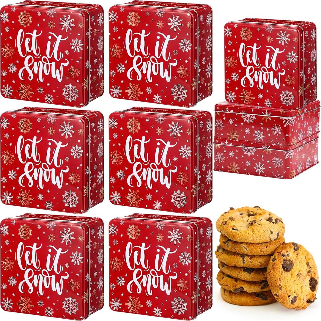 Tandefio 6 Pcs Christmas Cookie Tins with Lids for Gift Giving, 6.3 x 6.3 In Square Metal Holiday Empty Boxes Xmas Storage Containers for Storing Candy Cookie Biscuits Goody Treat Gifts (Red)