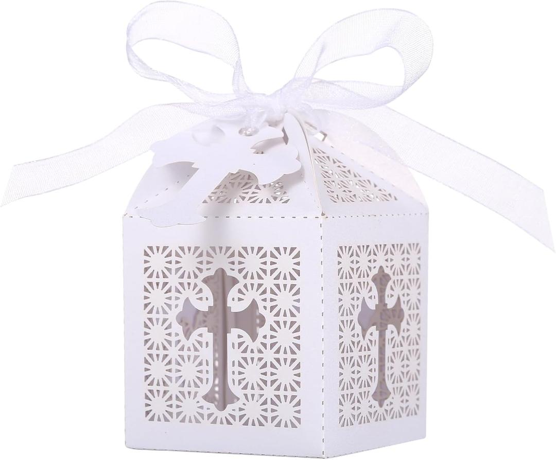 LEMESO 50 Pack Baptism Laser Cut Favor Boxes 2x2x3 Inch White Small Gift Boxes with Dotted Fold Lines Silk Ribbons and Cross Tags for Christening First Communion Wedding Baby Shower Bautizo