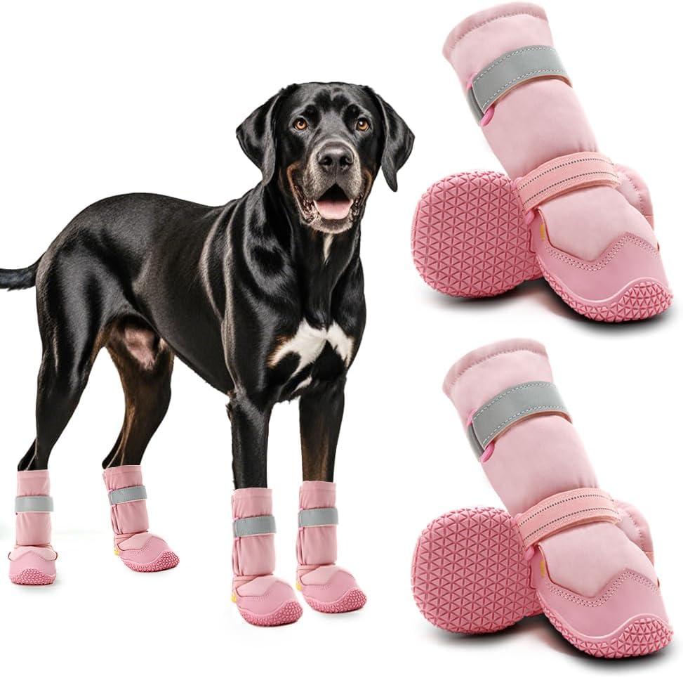 Hcpet Dog Shoes for Dogs, Dog Booties for Dogs, Anti-Slip Dog Boots & Paw Protectors for Hot Pavement Winter Snow Hiking with Reflective Straps (Width 2.55 in, Light Pink)