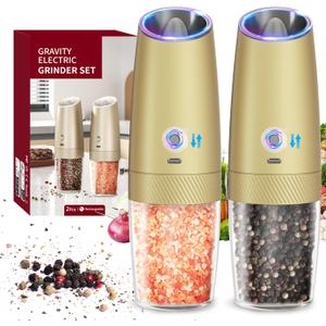 CIRCLE JOY Gravity Electric Salt and Pepper Grinder Set with 2-Speed, Rechargeable Salt and Pepper Grinder Set, Adjustable Coarseness, Whiet LED Light (Rechargeable/Gold Set/2-Speed)