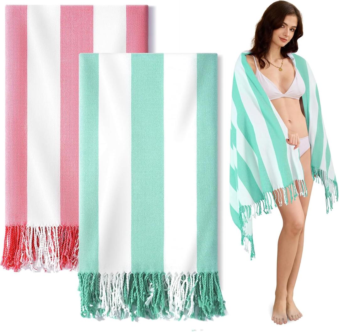 Genovega 2 Packs Oversized Turkish Beach Towels 74"x38" Thin Quick Dry Sand Free Pool Swim Bathing Towel Extra Large Travel Blanket Adult Essentials Accessories Summer Vacation Pink LightGreen Stripe