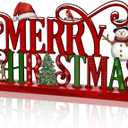 Metal Merry Christmas Sign 11.8 Inch Christmas Table Decoration Red and Green Xmas Metal Word Sign Centerpiece with Wooden Base for Home Tiered Tray Party Tabletop Mantel Fireplace