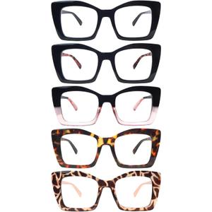 VIGOALOR Reading Glasses for Women 5 Pack Blue Light Blocking Oversized Square Computer Spring Hinge Readers (5 Mix, 3.5)
