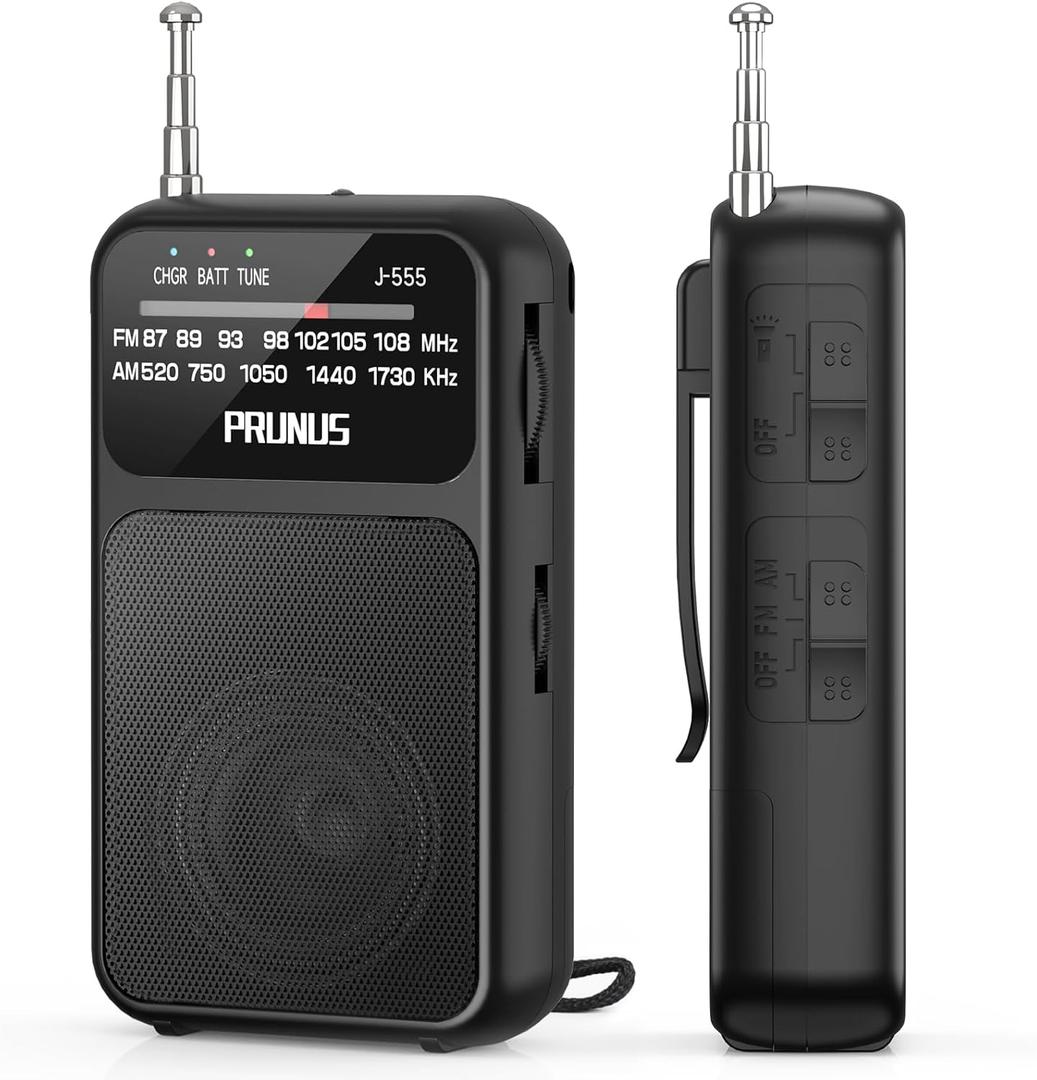 PRUNUS J-555 Pocket Radio AM FM USB-C Charging& Battery Operated, Excellent Reception& Clear Speaker and Headphone Jack, Back Clip, Flashlight, Transistor Radios, Portable Radios AM FM, Mini Radio
