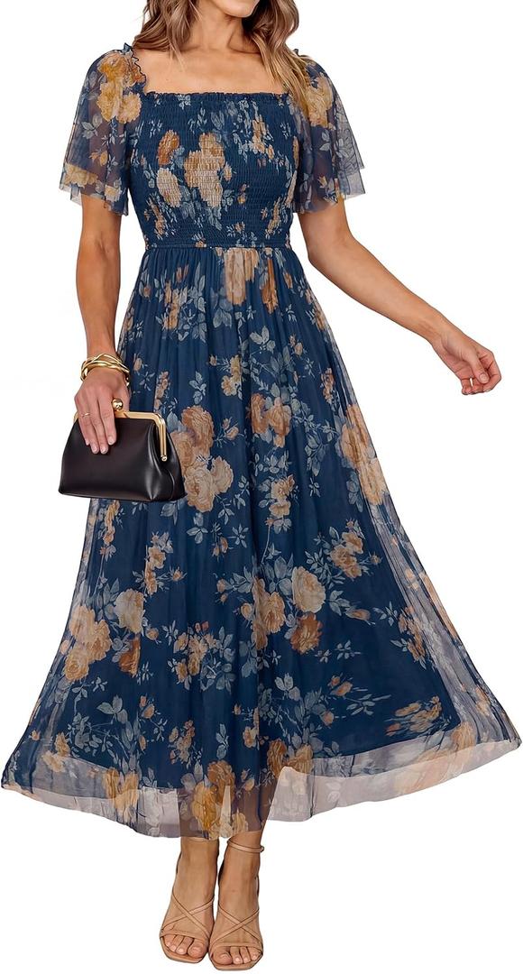 Simplee Womens Floral Maxi Dresses 2026 Summer Square Neck Mesh Short Sleeve Smocked Boho Flowy Wedding Guest Dress, XL